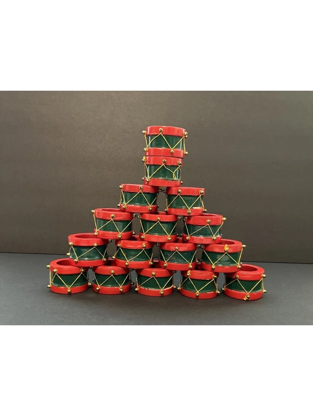 Red & Green Christmas Round Drum Wooden Napkin Rings - Set of 16